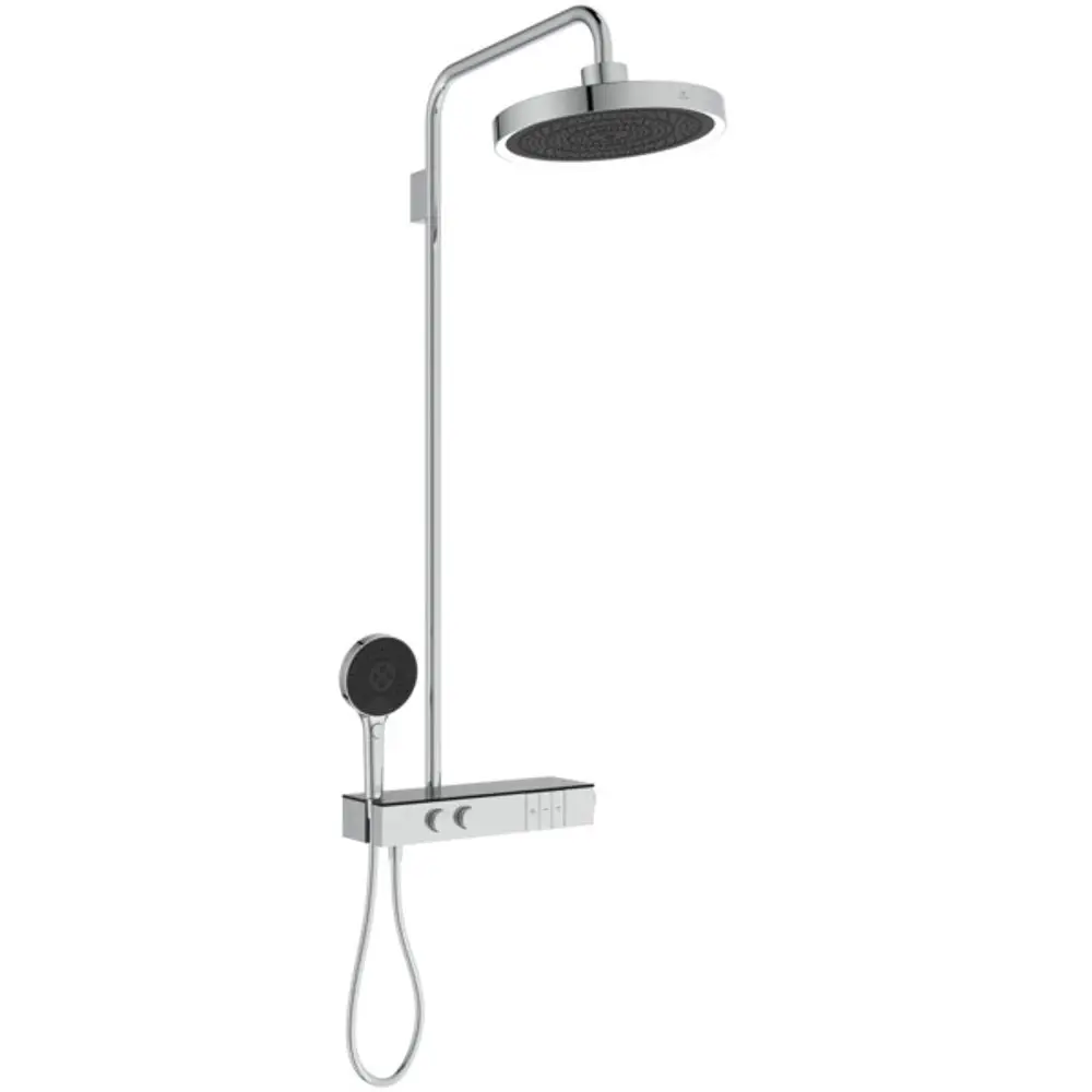 Duschsystem mit Brausethermostat und LED-Leuchtring. Verchromte Oberfläche. Ideal Standard. Handbrause und Kopfbrause in einem kompakten Design.